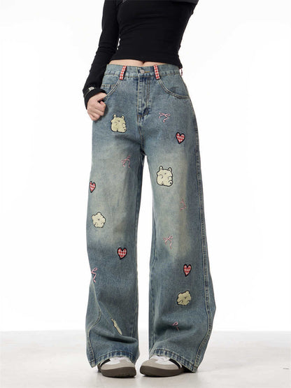 Jeans Female Lamb Embroidery Retro Straight-leg Pants