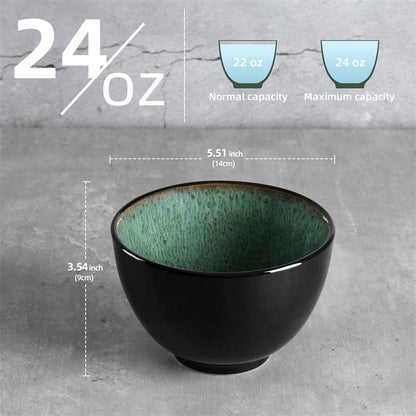 Creative Western Food  Kiln Change Peacock Green Bowl 24oz Bowl Set Of 4 For Cereal, Salad, Pasta, Soup, Dessert, Serving Dishwasher, Microwave And Oven