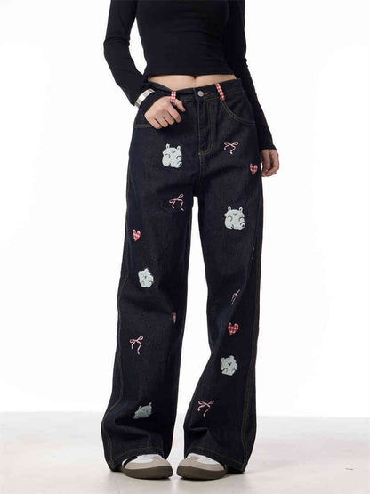 Jeans Female Lamb Embroidery Retro Straight-leg Pants