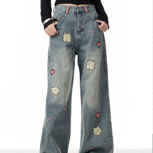 Jeans Female Lamb Embroidery Retro Straight-leg Pants