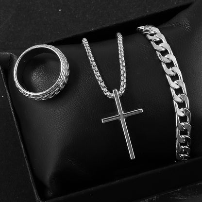 Men's Cross Necklace Ring Bracelet Suit