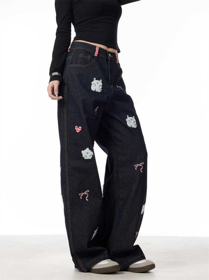 Jeans Female Lamb Embroidery Retro Straight-leg Pants