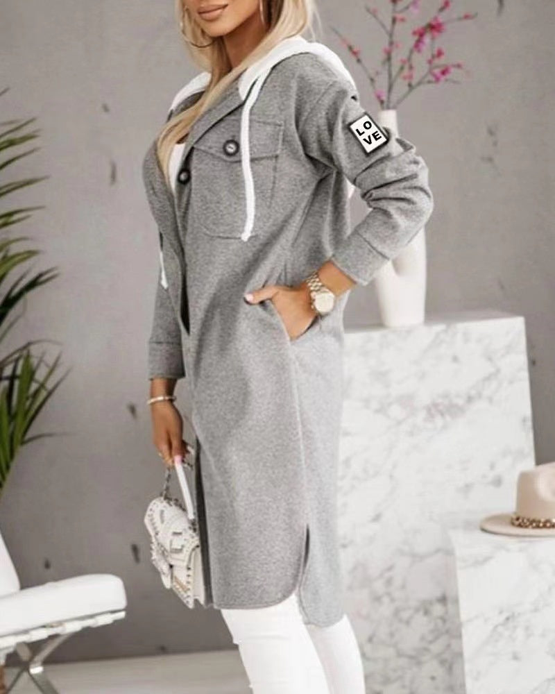 European And American Fashion Hooded Button Long-sleeved Coat For Women