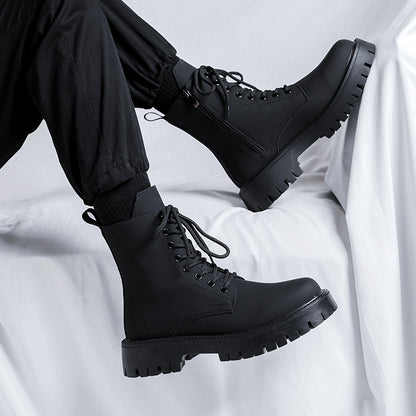 Black High-top Mid-calf Tooling Round Head Thick Bottom Martin Boots