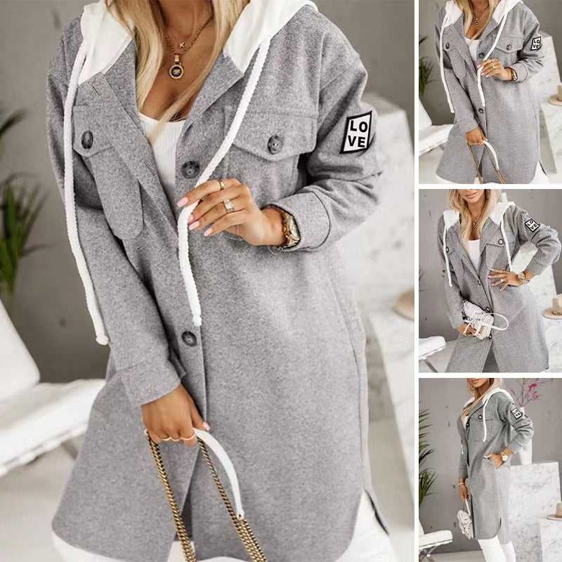 European And American Fashion Hooded Button Long-sleeved Coat For Women