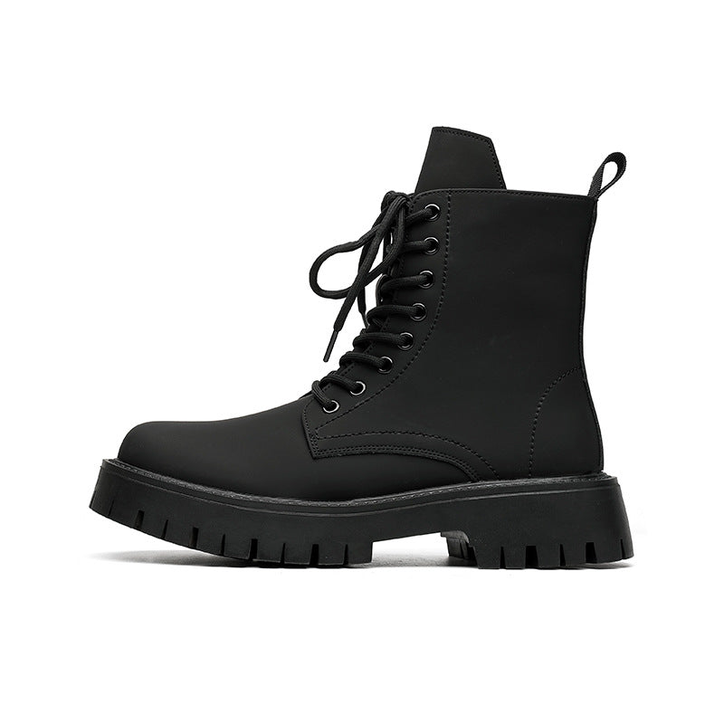 Black High-top Mid-calf Tooling Round Head Thick Bottom Martin Boots