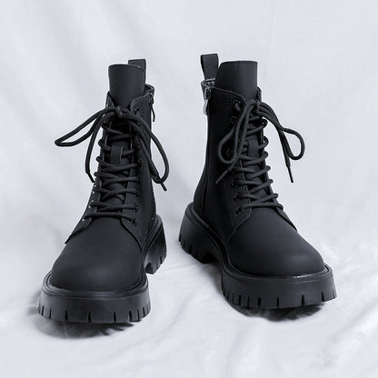 Black High-top Mid-calf Tooling Round Head Thick Bottom Martin Boots