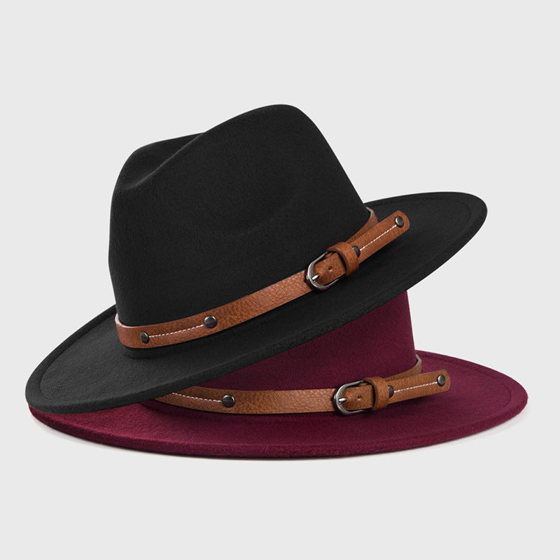 Monochrome Belt Metal Buckle Simple Big Brim Jazz Cowboy Hat