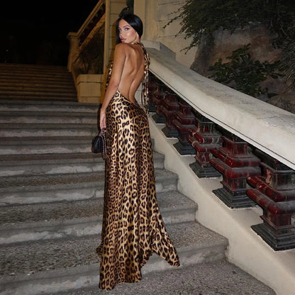 Sexy Leopard Printed Dangling Hatler Women's Dress Fashion Backless Sleevelss Pleated Maxi Dresses 2024 Lady Evening Party Robes