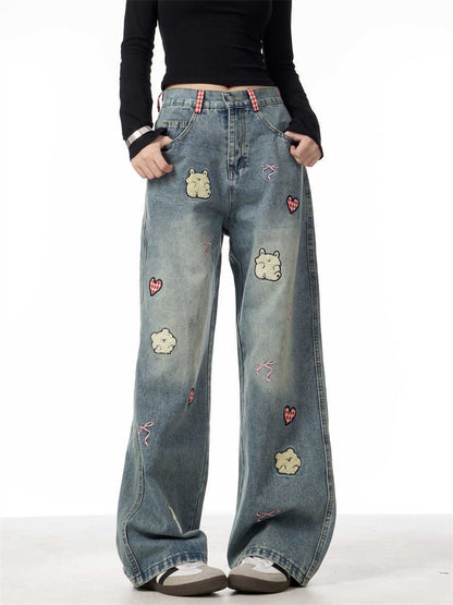 Jeans Female Lamb Embroidery Retro Straight-leg Pants