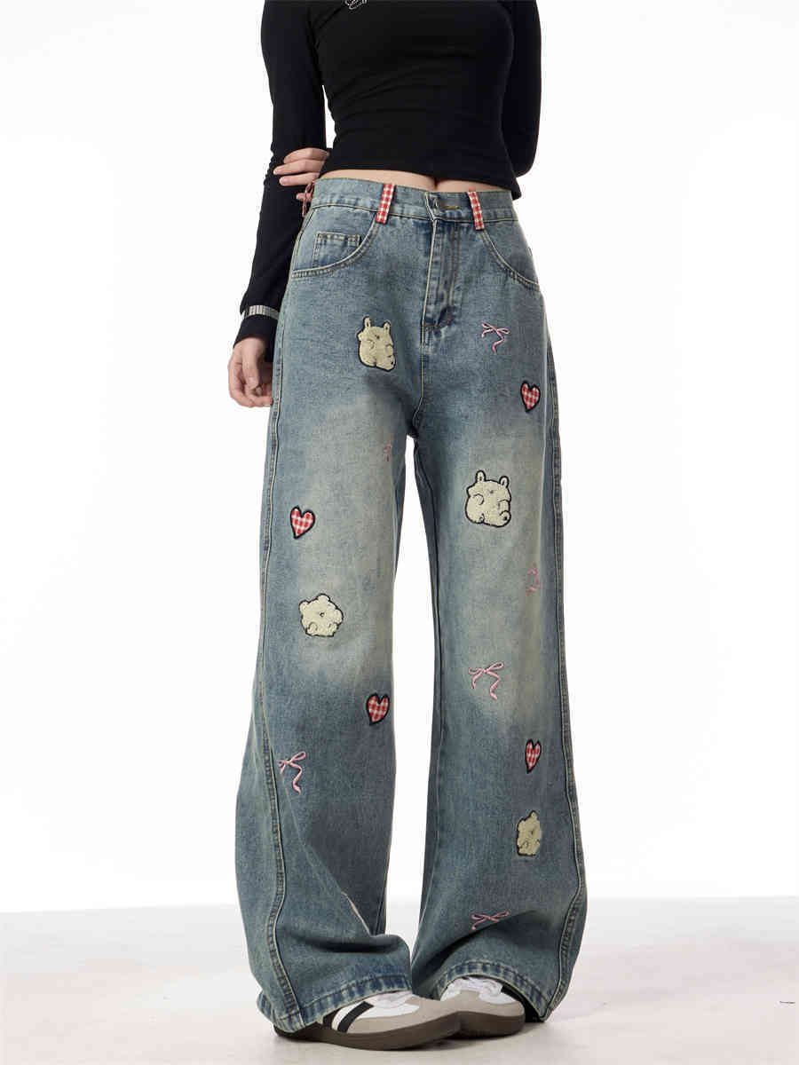 Jeans Female Lamb Embroidery Retro Straight-leg Pants