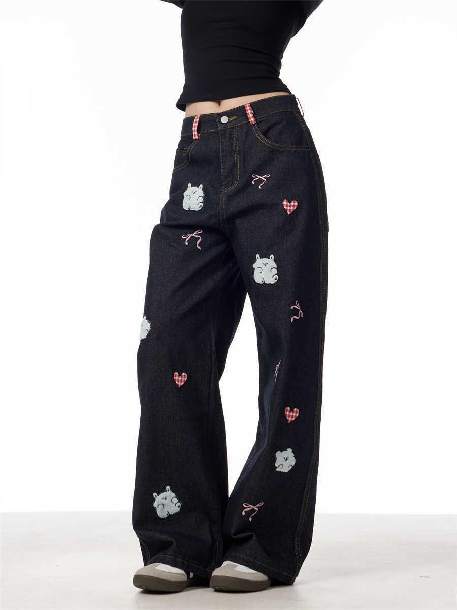 Jeans Female Lamb Embroidery Retro Straight-leg Pants